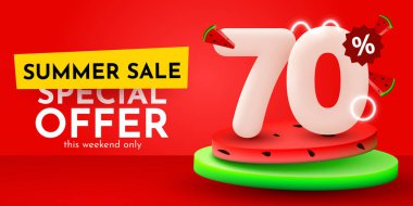 70 percent Off. Discount creative composition. Summer sale banner with watermelon. Sale banner and poster. Vector illustration.