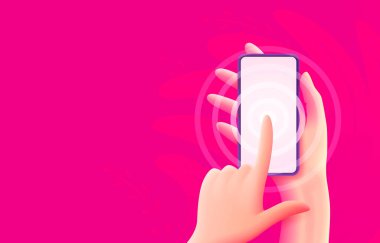 Akıllı telefon elinde, dokunmatik ekrana basıyorsun, web pankartı. Vektör illüstrasyonu