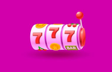 Kumarhane slotlarını kazanan, şans getiren, 777 kazanan afiş. Vektör illüstrasyonu