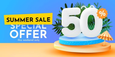 50 percent Off. Discount creative composition. Summer sale banner. Sale banner and poster. Vector illustration.