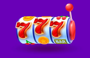 Kumarhane slotlarını kazanan, şans getiren, 777 kazanan afiş. Vektör illüstrasyonu