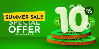 10 percent Off. Discount creative composition. Summer sale banner with kiwi. Sale banner and poster. Vector illustration.