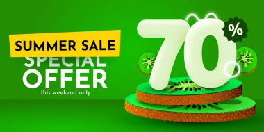 70 percent Off. Discount creative composition. Summer sale banner with kiwi. Sale banner and poster. Vector illustration.