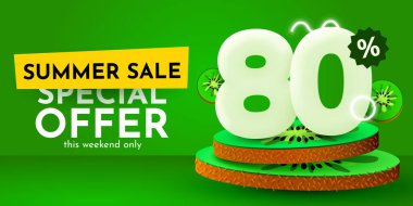 80 percent Off. Discount creative composition. Summer sale banner with kiwi. Sale banner and poster. Vector illustration.