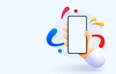 Akıllı telefon elinde, dokunmatik ekrana basıyorsun, web pankartı. Vektör illüstrasyonu