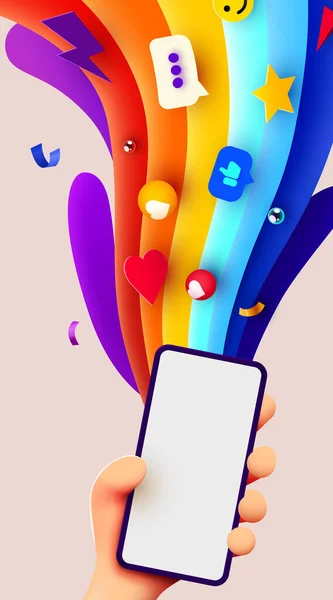 Segurar Telefone Duas Mãos Uma Maquete Telefónica Explosão Colorida Cartaz —  Vetores de Stock