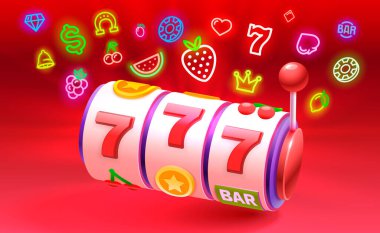 Kumarhane slotlarını kazanan, şans getiren, 777 kazanan afiş. Vektör illüstrasyonu