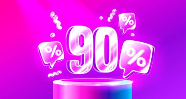 Mega indirimli satış, Neon 90 indirimli pankart. Yönetim kurulu terfisi. Vektör illüstrasyonu