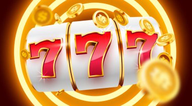 Altın kumar makinesi ikramiyeyi kazandı. 777 Büyük Kazanç konsepti. Kumarhane ikramiyesi. Vektör illüstrasyonu