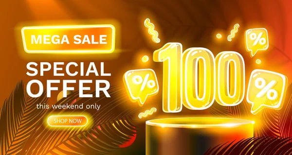 Oferta Especial Mega Venda Neon 100 Banner Venda Fora Promoção —  Vetores de Stock