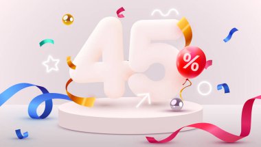 45 percent Off. Discount creative composition. 3d sale symbol with decorative objects, balloons, golden confetti, podium and gift box. Sale banner and poster. Vector illustration.