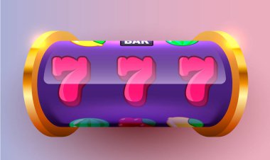 Altın kumar makinesi ikramiyeyi kazandı. 777 Büyük Kazanç konsepti. Kumarhane ikramiyesi. Vektör illüstrasyonu