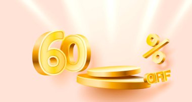 60 indirimli Yaratıcı kompozisyon indirimi. Dekoratif eşyalar, altın konfeti, podyum ve hediye kutusu olan 3D satış sembolü. Satış afişi ve poster. Vektör illüstrasyonu.