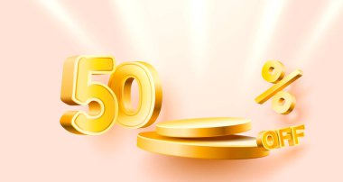 50 indirim. Yaratıcı kompozisyon indirimi. Dekoratif eşyalar, altın konfeti, podyum ve hediye kutusu olan 3D satış sembolü. Satış afişi ve poster. Vektör illüstrasyonu.