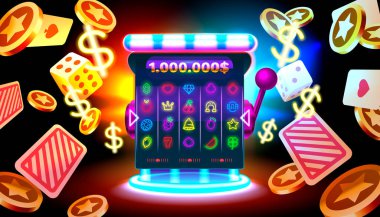 Casino slots machine winner, jackpot fortune of luck, 777 win banner. Vector illustration