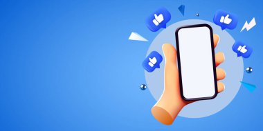 İçinde bilgilendirme simgeleri olan cep telefonu tutan sevimli bir çizgi film karakteri. Sosyal medya ve pazarlama kavramı. Vektör illüstrasyonu