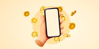Çizgi film 3 boyutlu el, telefon ve para, iş ve para ile kolay online ödeme kavramı. Çevrimiçi kazanç. Vektör illüstrasyonu