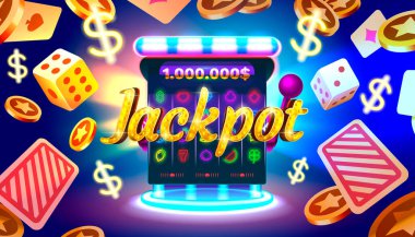 Casino slots machine winner, jackpot fortune of luck, 777 win banner. Vector illustration