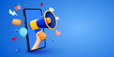 3d hand holding megaphone speaker in smartphone for announce. Social media promotion mockup. Vector illustration.