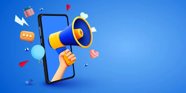 Hand Holding Megaphone Speaker Smartphone Announce Social Media Promotion Mockup — Stockvector