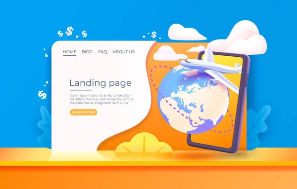 Landing Page Smart Phone Plane Services Travel Position Online Web — стоковый вектор