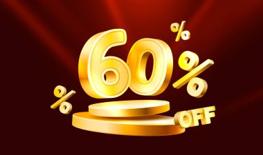 60 indirimli Yaratıcı kompozisyon indirimi. Dekoratif eşyalar, altın konfeti, podyum ve hediye kutusu olan 3D satış sembolü. Satış afişi ve poster. Vektör illüstrasyonu.