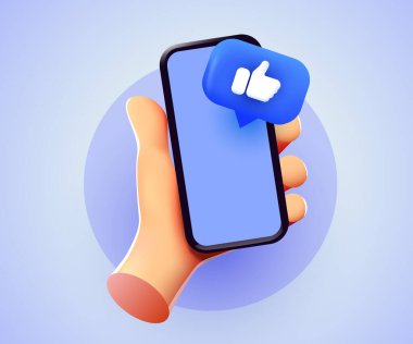 İçinde bilgilendirme simgeleri olan cep telefonu tutan sevimli bir çizgi film karakteri. Sosyal medya ve pazarlama kavramı. Vektör illüstrasyonu