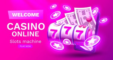 Casino slots machine winner, online games phone, 777 win banner. Vector illustration