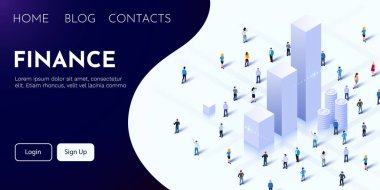 Finansal analitik kavramı. Kalabalığın olduğu 3D çizelge. İş başvuru planı. İniş sayfası şablonu.