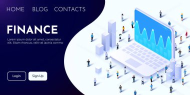 İş stratejisi ve planlama. Veri analizi ve yatırım. Infographic elementleri olan bilgisayar ve insanlar kalabalık. Sunum için tasarım. Vektör illüstrasyonu