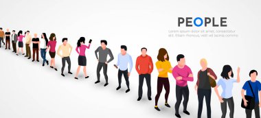 Sırada bekleyen bir grup insan. Takım konseptimiz. Metin için arkaplanda boşluk var. İş adamları. Vektör illüstrasyonu