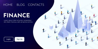 Finansal analitik kavramı. Kalabalığın olduğu 3D çizelge. İş başvuru planı. İniş sayfası şablonu.