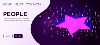 Yıldız işaretinin etrafında duran büyük bir grup insan. İnsanlar kalabalık. Ürün sıralama konsepti. Vektör illüstrasyonu