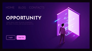 Adam açık bir kapıdan girer. Yeni fırsatlar kavramı. Vektör illüstrasyonu