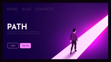 İnsan aydınlık bir yolda yürür. İlerleme ve hedeflere ulaşma kavramı. Vektör illüstrasyonu