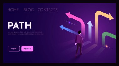İnsan farklı yolların önünde durup en iyisini seçer. Yönetici karar konsepti. Vektör illüstrasyonu