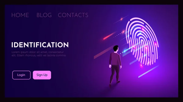 Muž Stojí Před Symbolem Otisku Prstu Koncept Biometrické Identifikace Vektorová — Stockový vektor
