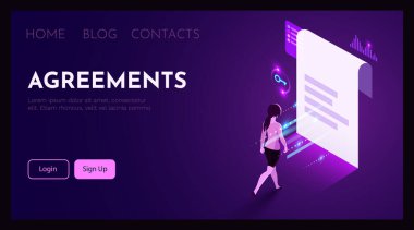 Kadın kağıt dökümanın önünde duruyor. Anlaşma konsepti. Vektör illüstrasyonu