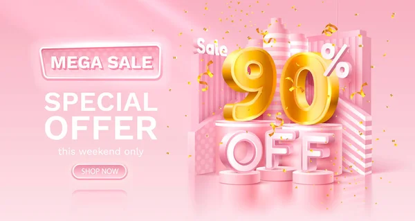 Por Ciento Oferta Especial Mega Venta Confeti Dorado Podio Caja — Vector de stock