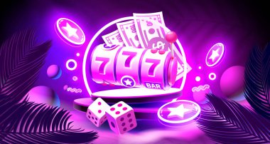 Casino slots machine winner, jackpot fortune of luck, 777 win banner. Vector illustration