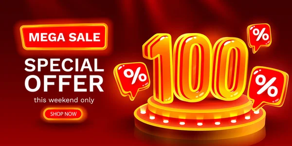 Mega Sale Sonderangebot Neon 100 Sale Banner Schilderaktion Vektorillustration — Stockvektor