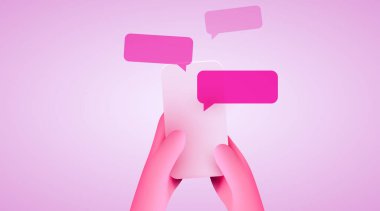 Mesajlarla el ele tutuşarak. İletişim ve sosyal ağ konsepti. Web siteleri ve pankart tasarımı için vektör illüstrasyonu