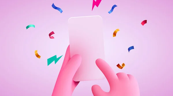 Leuke Cartoon Hand Houden Mobiele Telefoon Met Feestelijke Confetti Vliegen — Stockvector