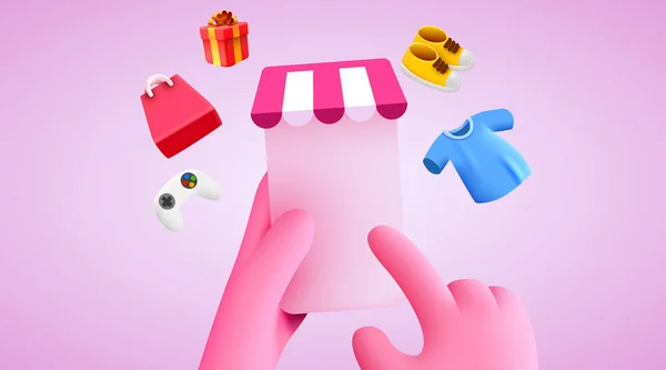 Hand Holding Mobile Smart Phone Shopp App Fashion Items Online — ストックベクタ