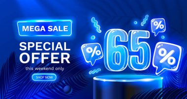 Mega sale special offer, Neon 65 off sale banner. Sign board promotion. Vector illustration