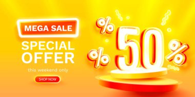 Mega indirimli satış, Neon 50 indirimli pankart. Yönetim kurulu terfisi. Vektör illüstrasyonu