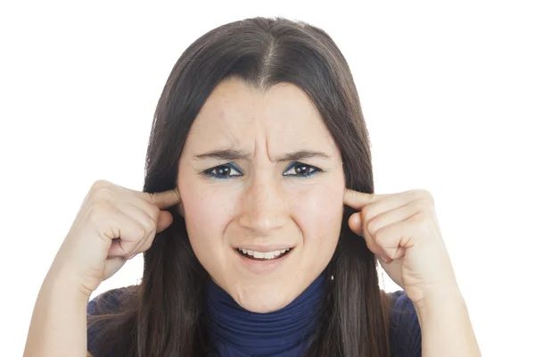 Vrouw met vingers in haar oren — Stockfoto