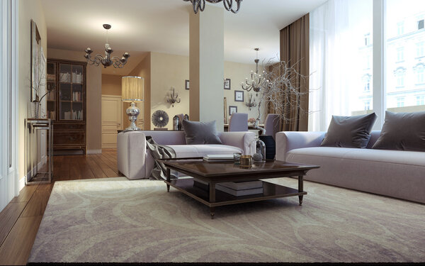 Luxury living room, dining room, art deco style