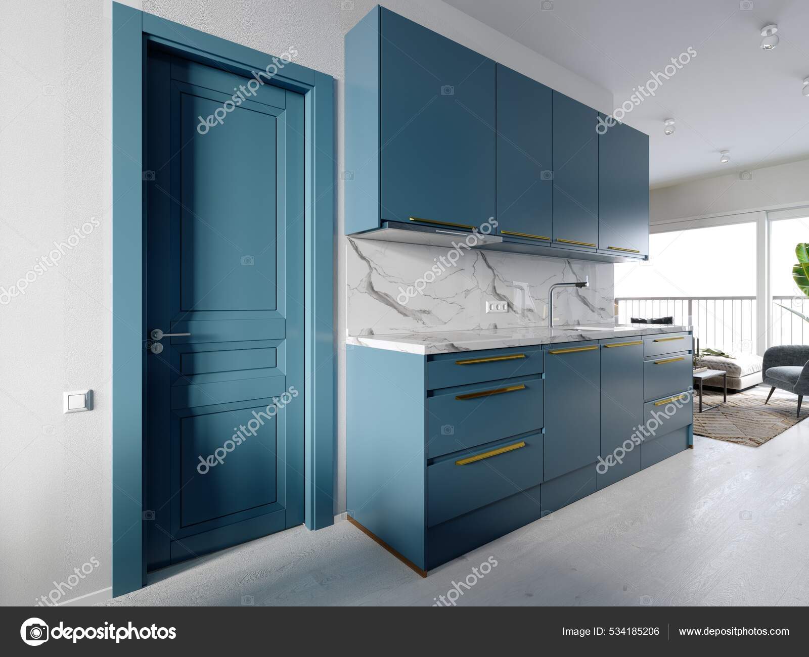 Muebles Cocina Azul Brillante Contra Una Pared Blanca Con Salón: fotografía  de stock © kuprin33 #534185206