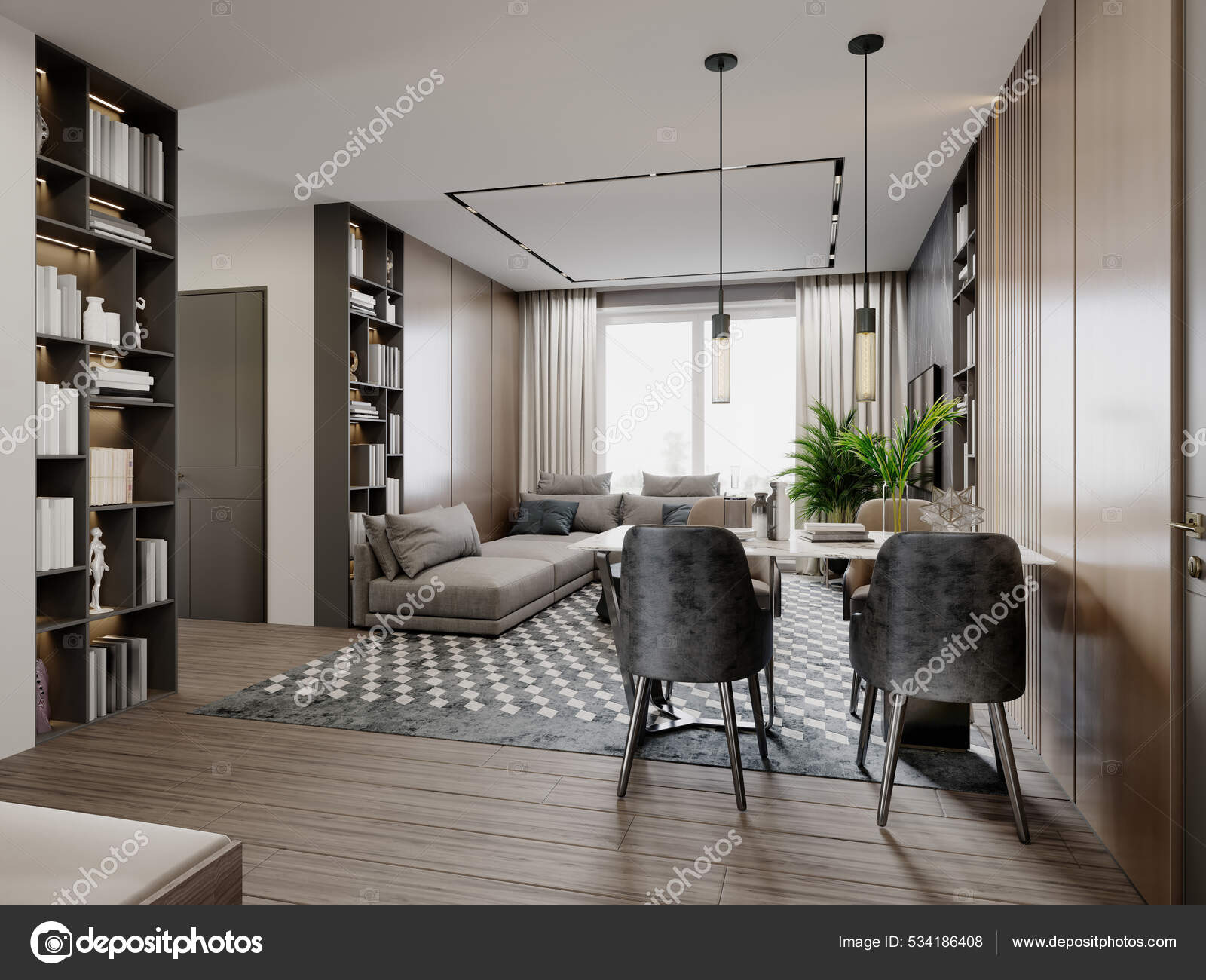 Modern Studio Living Room Dining Table Corner Sofa Brown Beige